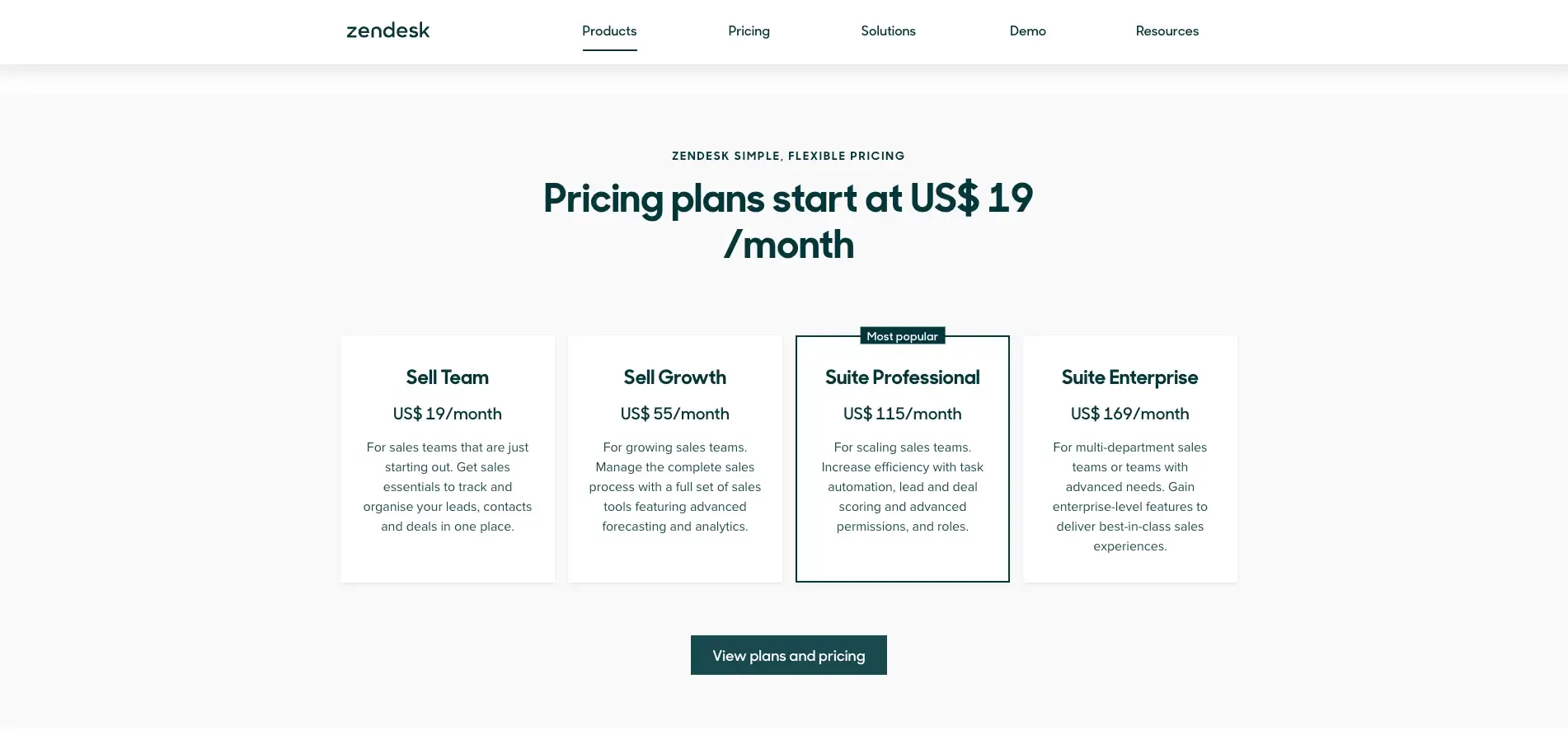 Zendesk sell pricing page
